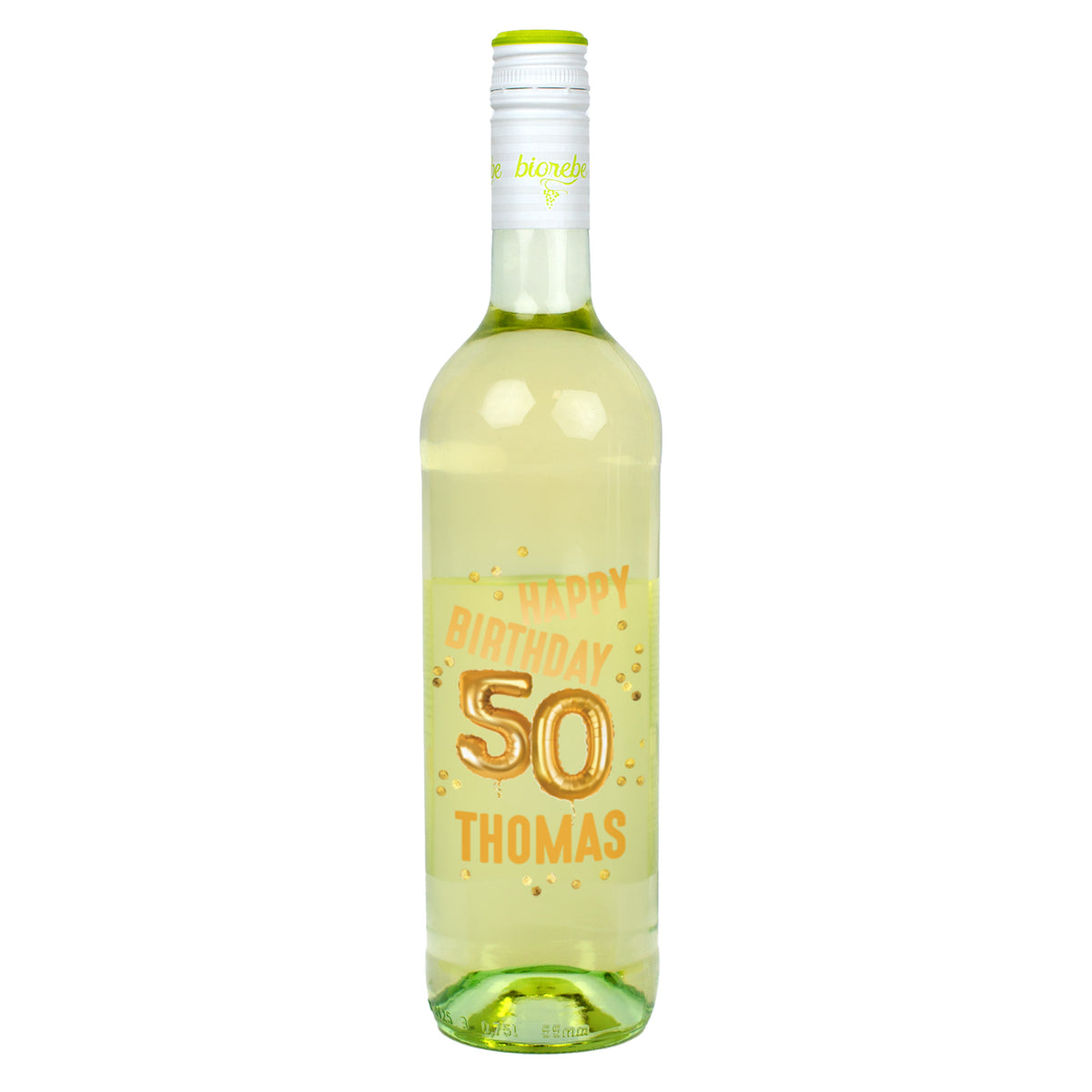 Weißweinflasche mit personalisiertem Etikett „Happy Birthday 50 Thomas“ in goldener Ballonoptik