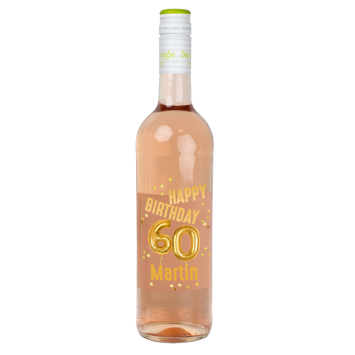 Roséweinflasche mit Etikett zum 60. Geburtstag, goldene Ballons „60“, Name Martin, vor weißem Hintergrund