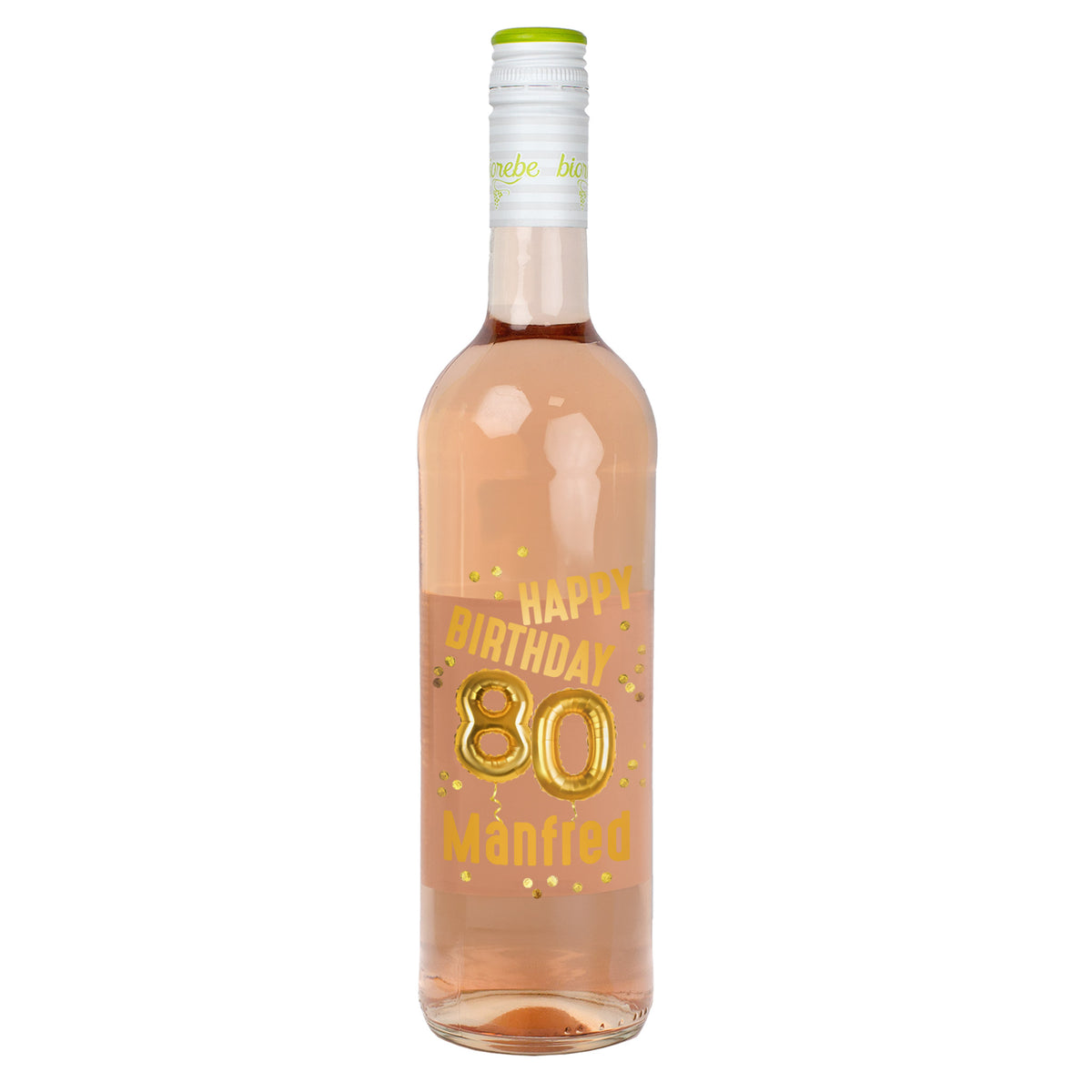 Roséweinflasche Biorebe Sangiovese Rosé mit goldenem Ballon-Motiv zum 80. Geburtstag und Name Manfred