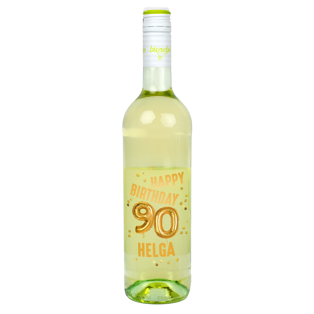 Weißweinflasche mit goldenem „Happy Birthday 90 Helga“-Aufdruck und Ballon-Design vor hellem Hintergrund