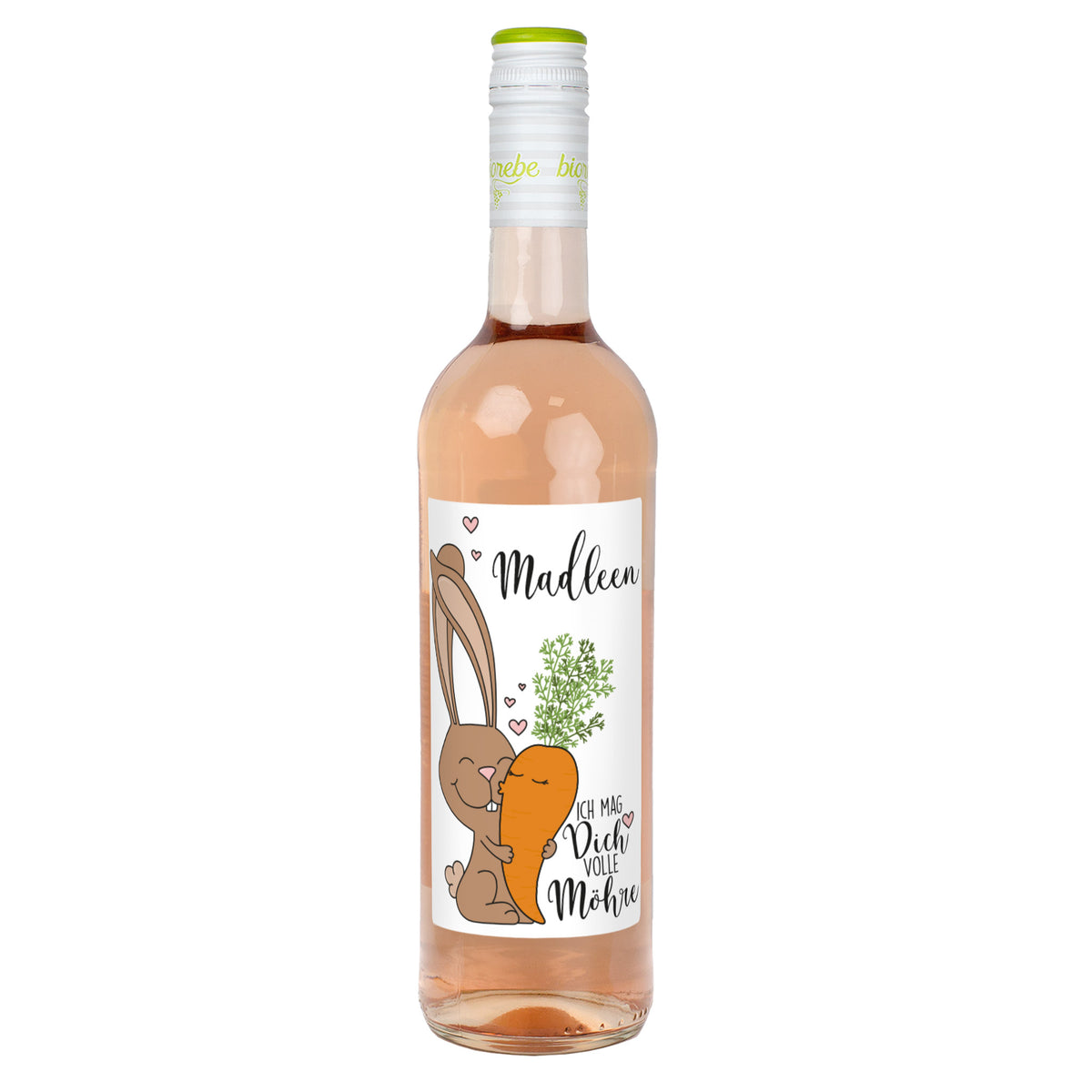 Personalisierte Roséwein-Flasche mit Hase und Möhre Motiv, Oster-Design mit Name Madleen