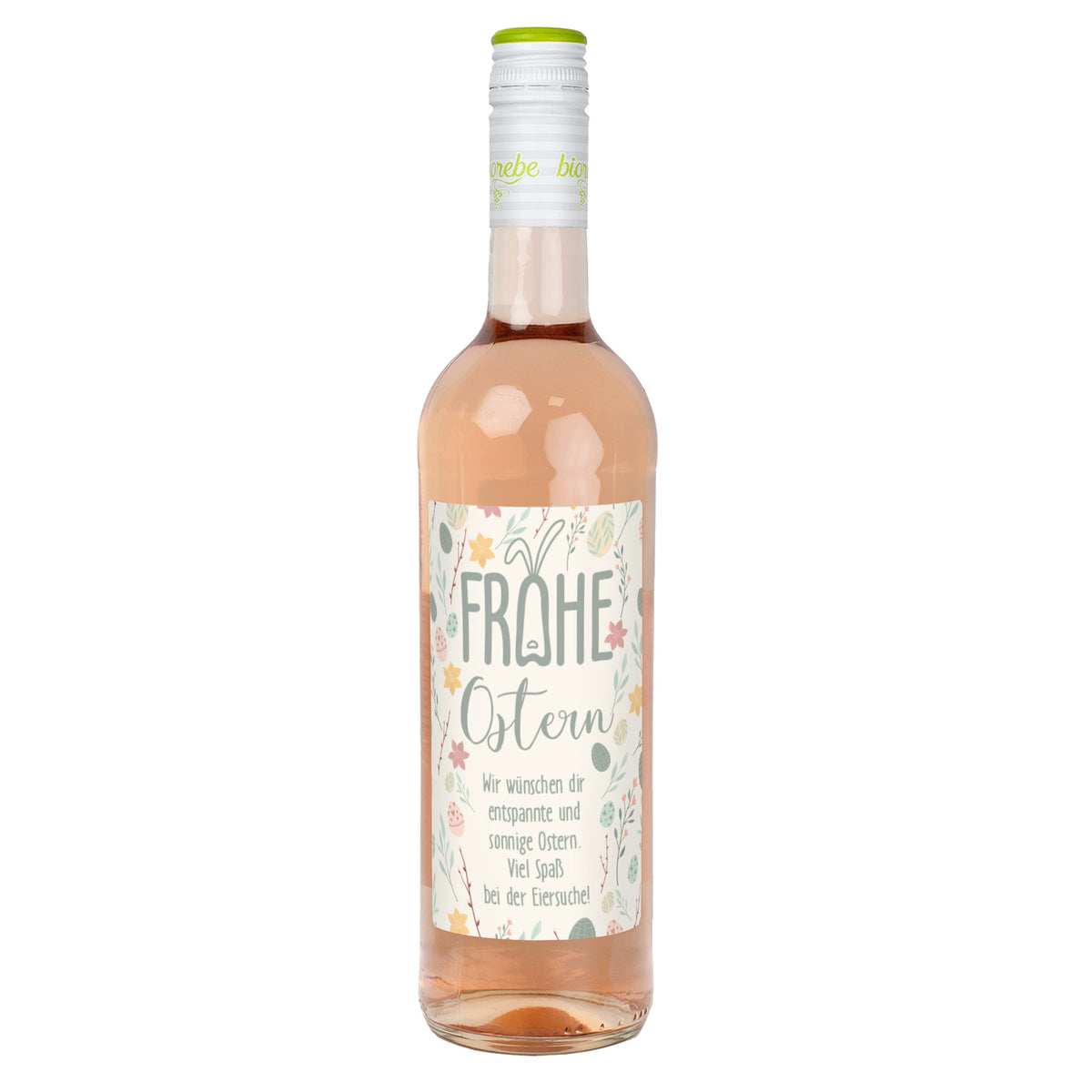 Einzelne Roséweinflasche mit Osteretikett „Frohe Ostern“ auf weißem Hintergrund