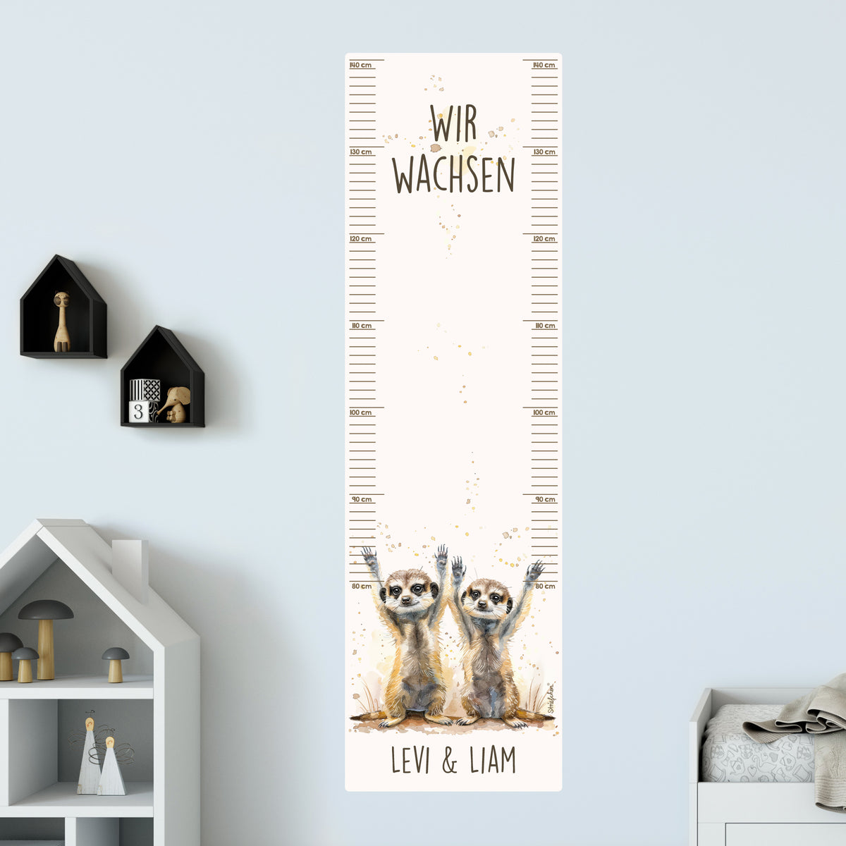 Wandtattoo Messlatte Erdmännchen-Zwillinge mit Namensaufdruck