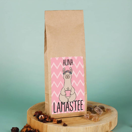 Früchtetee mit Lama Motiv und Name