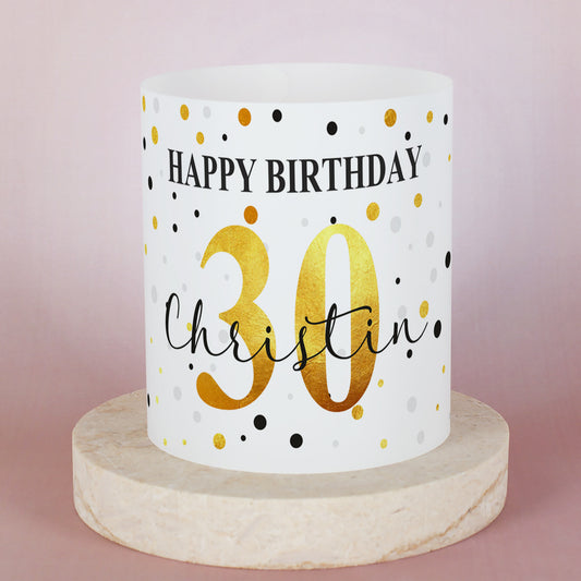Kleine Lichthülle zum Geburtstag mit Gold-Konfetti-Motiv, Name und Alter