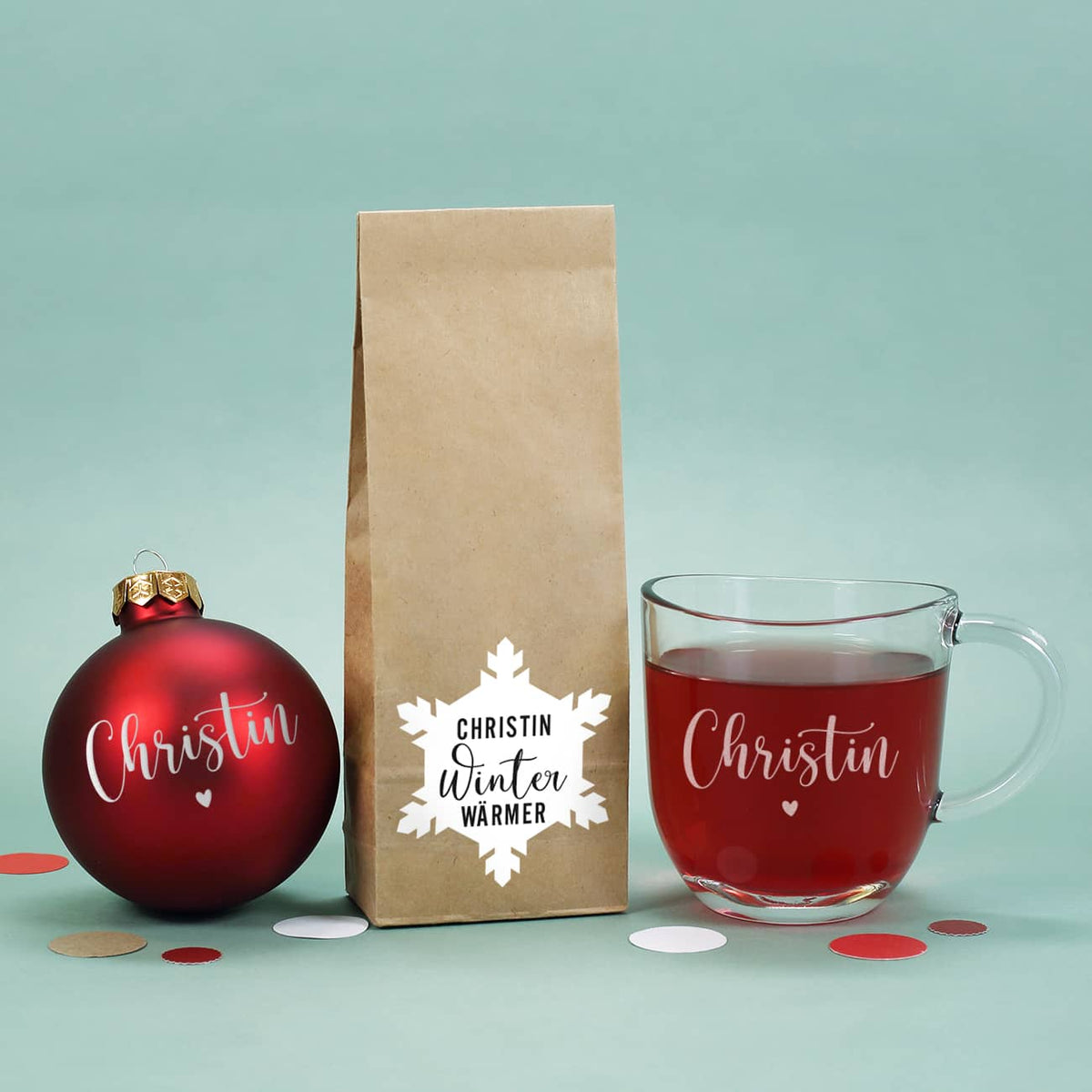 Kugel, Teepackung und Glas mit Name personalisiert