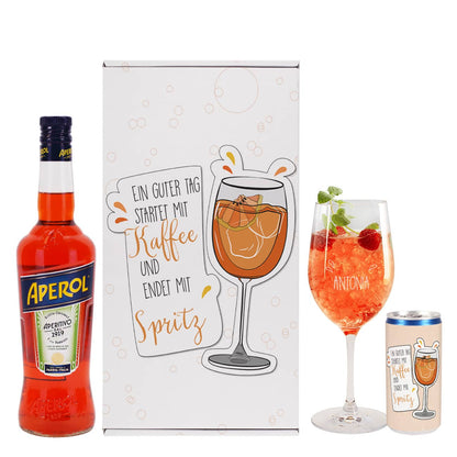 Aperol Geschenkset - Ein guter Tag endet mit Spritz - mit City Secco und Weinglas mit Namensgravur