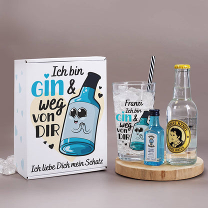 Ich bin Gin & weg von dir - Gin Geschenkset mit bedrucktem Glas
