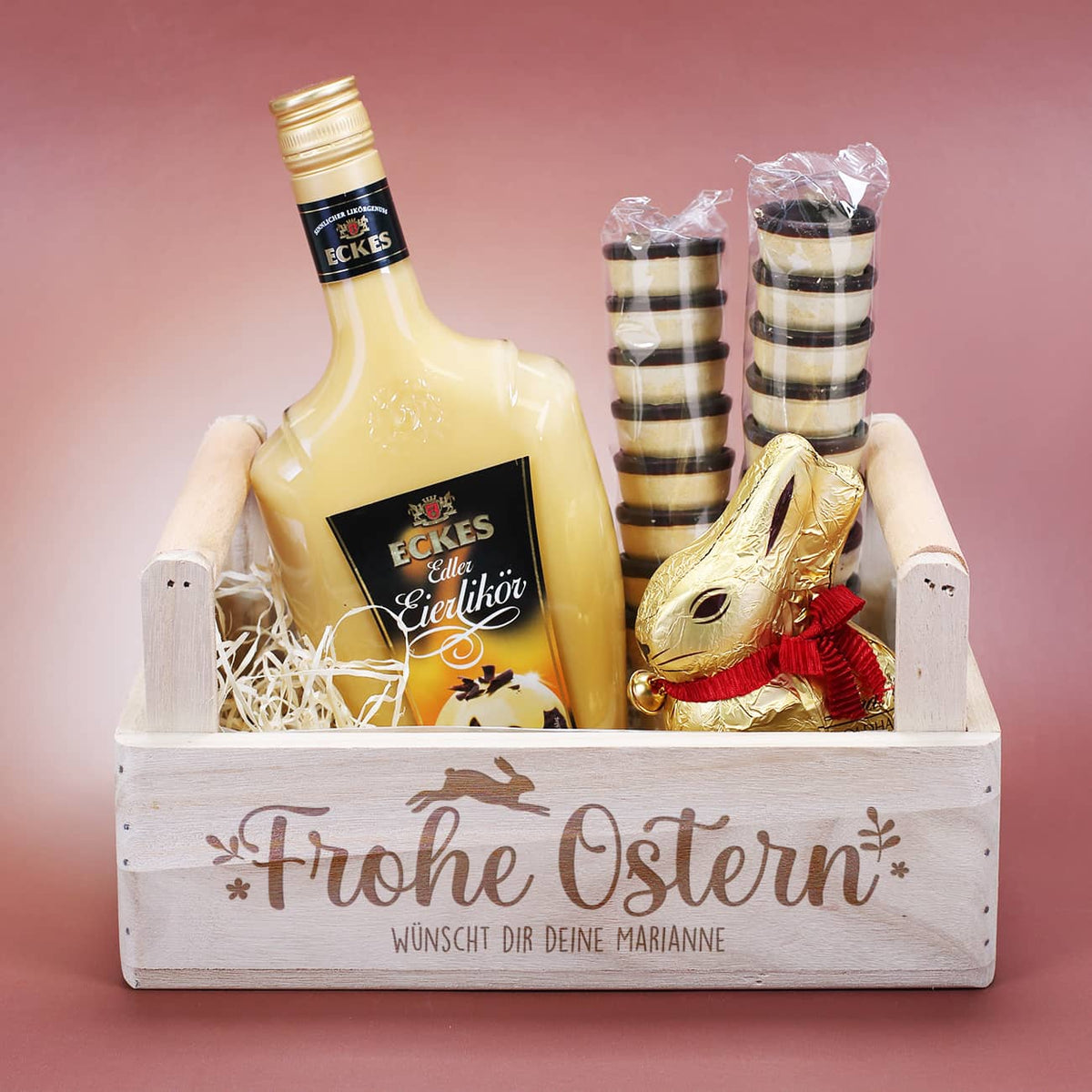 Geschenkset zu Ostern mit Eierlikör, Waffelbecher und Lindt Osterhase