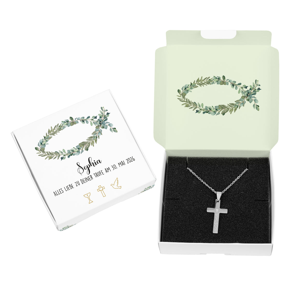 Halskette mit Kreuz-Anhänger mit Namens- und Symbolgravur, sowie passender Geschenkbox mit Personalisierung