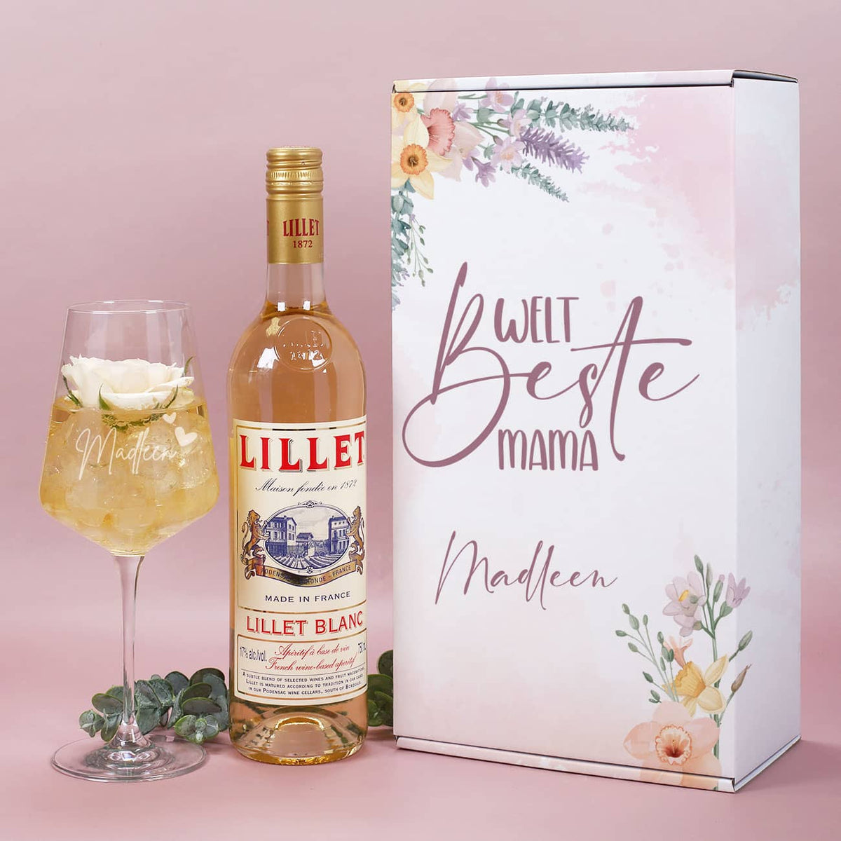 Weltbeste Mama - Geschenkset für Mama mit Lillet, graviertem Glas & Geschenkbox