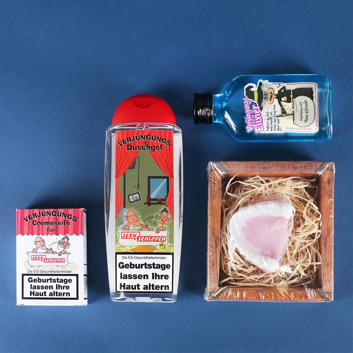 Lustige Füllung des Geschenkkorbs
