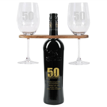 50 Jahre gemeinsam - Geschenkset zur goldenen Hochzeit mit Wein nach Wahl, Wunschnamen und Text
