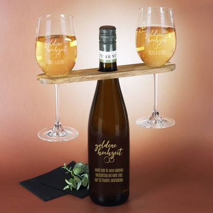 Goldene Hochzeit - Graviertes Geschenkset mit Weinflasche, Weingläsern und Weinbutler