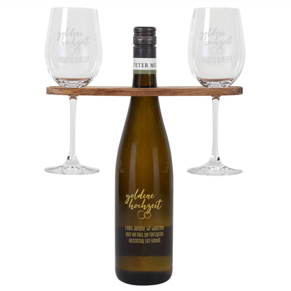 Goldene Hochzeit - Graviertes Geschenkset mit Weinflasche, Weingläsern und Weinbutler