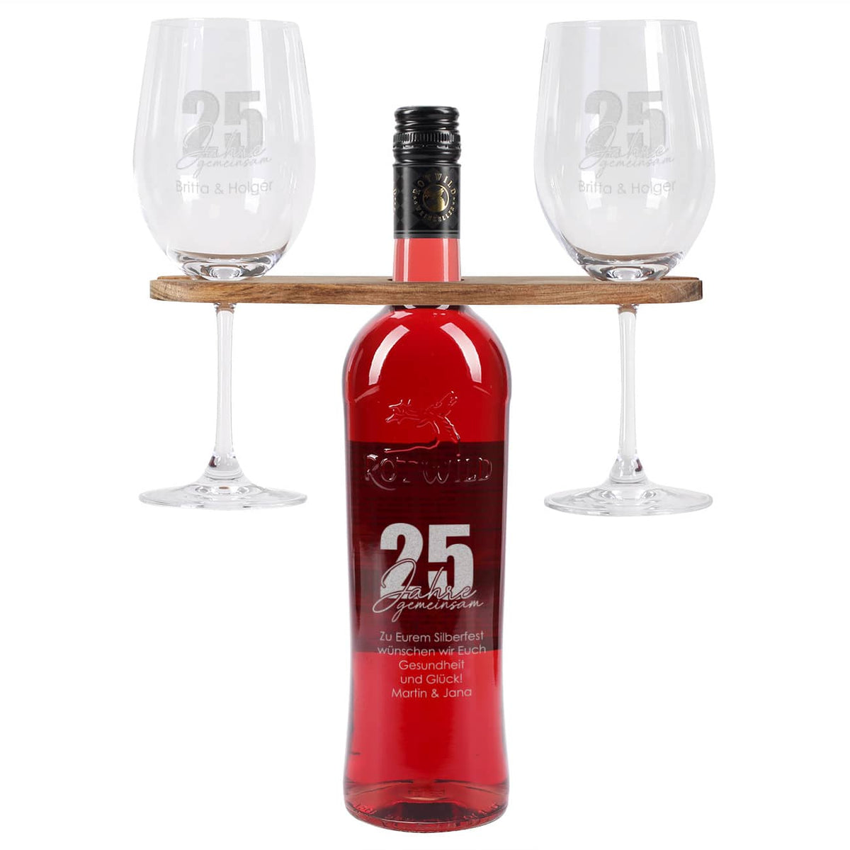 25 Jahre gemeinsam - Geschenkset mit gravierten Weingläsern und Weiflasche