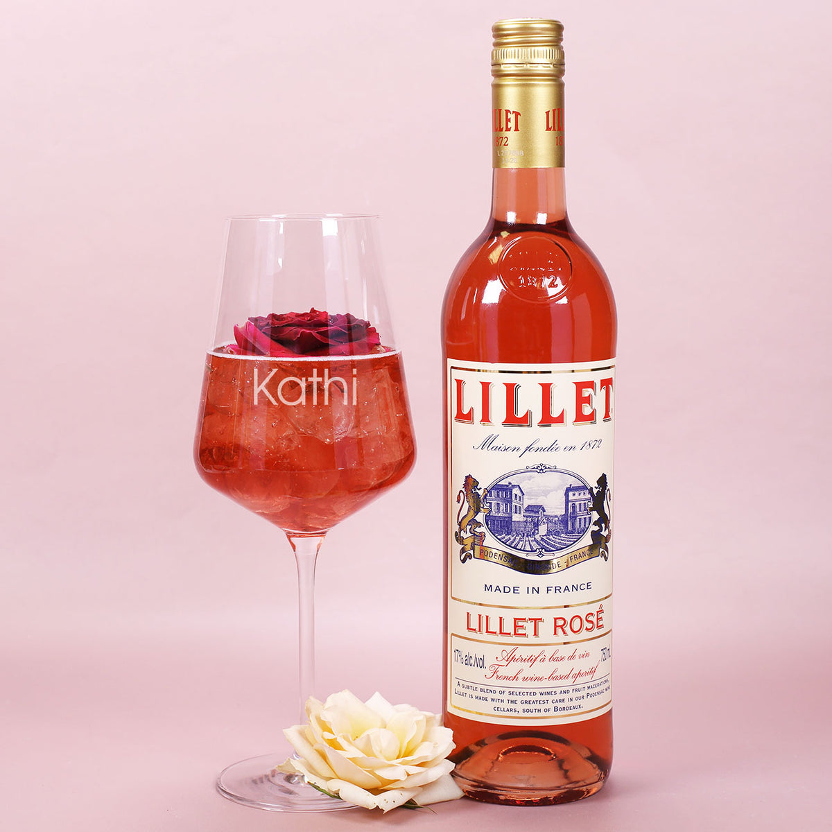 Lillet Rosé & Weinglas mit Namensgravur