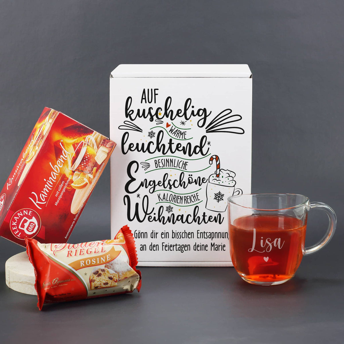 Geschenkset zu Weihnachten mit Tee, Teeglas, Stollenriegel & Geschenkbox
