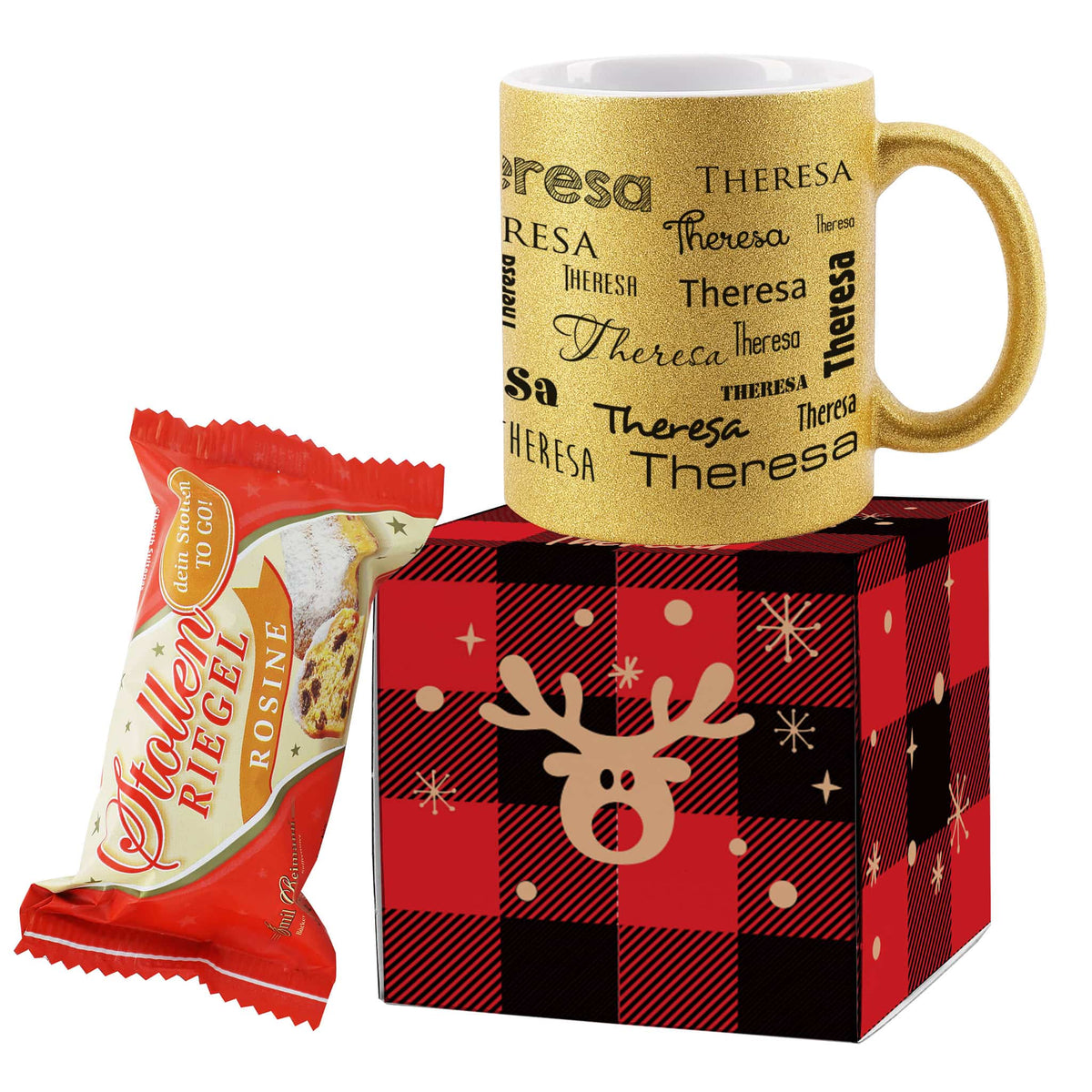 Geschenkbox mit Namenstasse in Gold & Stollenriegel