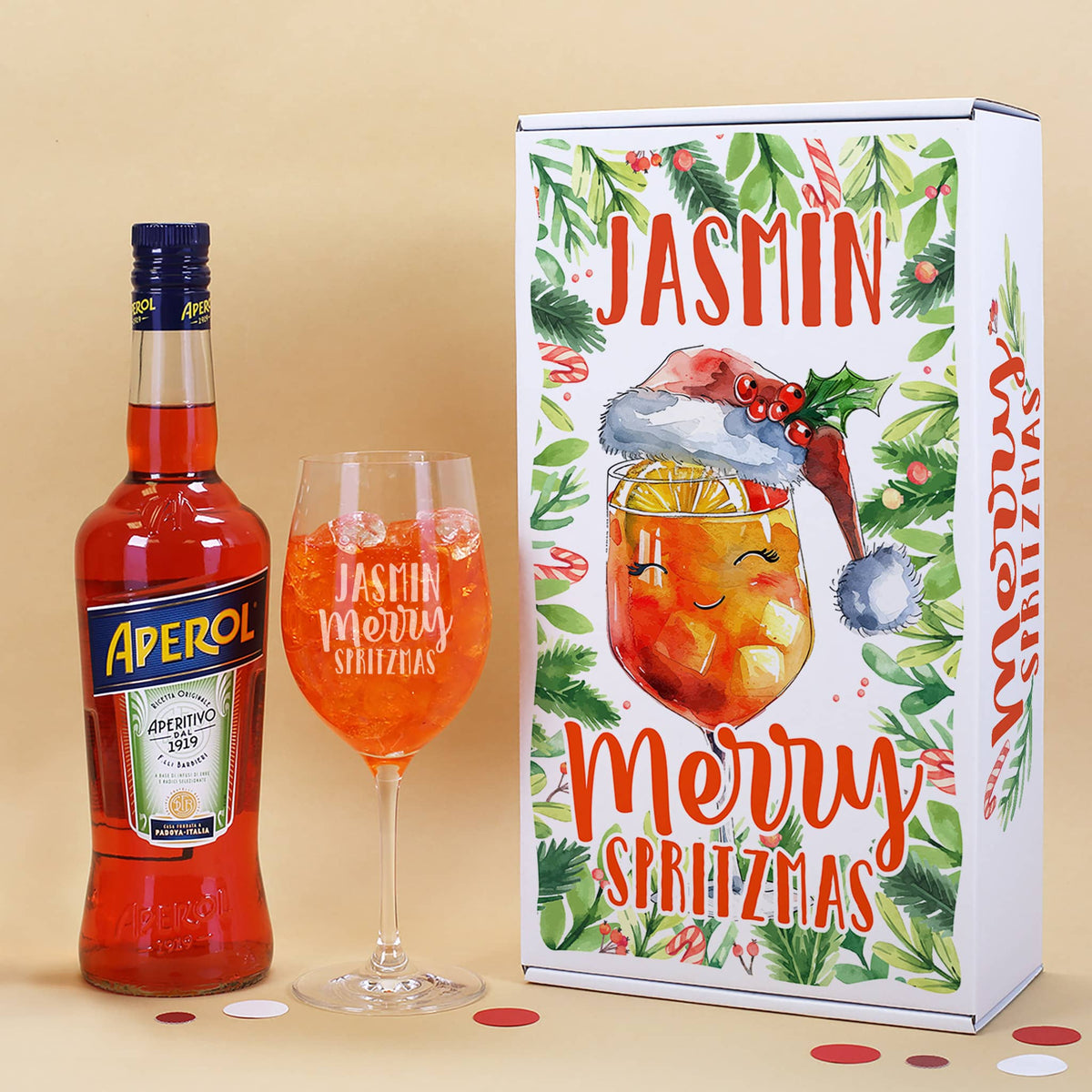 Merry Spritzmas - Flasche Aperol, graviertes Glas & personalisierte Geschenkbox