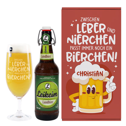Set mit graviertem Bierglas, Leikeim Bierflasche und Geschenkbox mit personalisierter Vorderseite