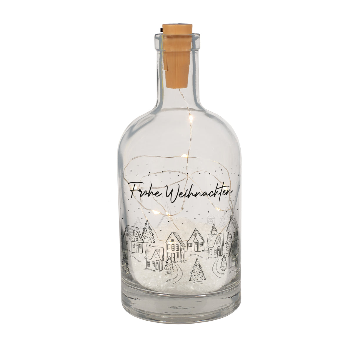 Glaskaraffe mit verschneiter Winterlandschaft, Wunschtext und warmweißer LED-Beleuchtung als stimmungsvolle Weihnachtsdekoration.