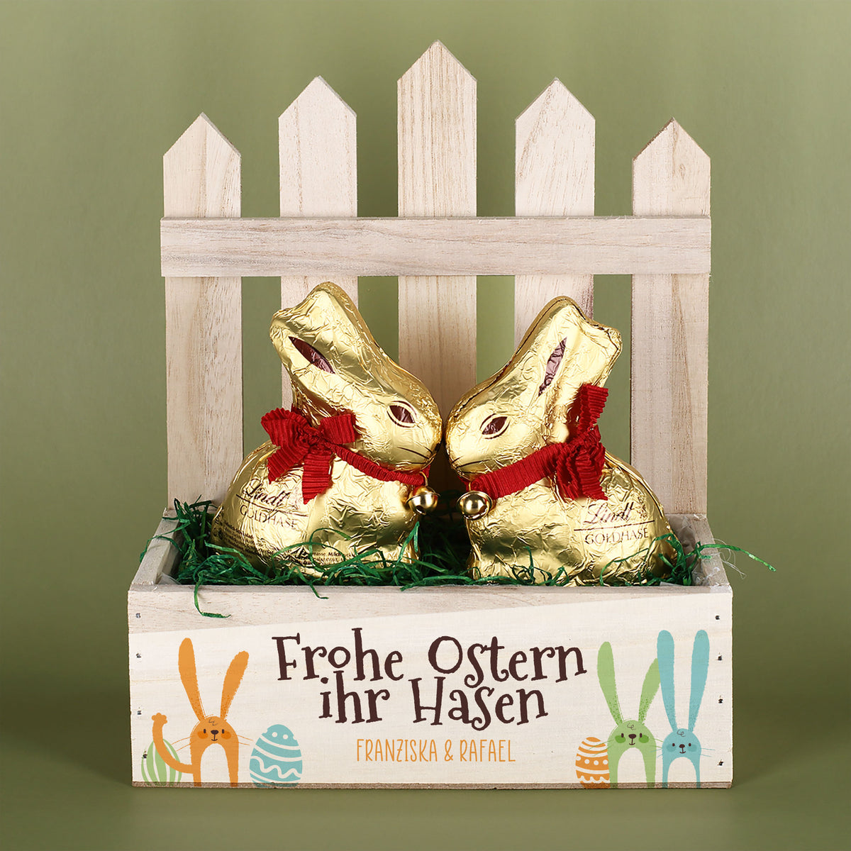 Personalisiertes Osterkörbchen mit 2 Lindt Goldhasen | Osterkorb 'Frohe Ostern ihr Hasen' mit Wunschtext