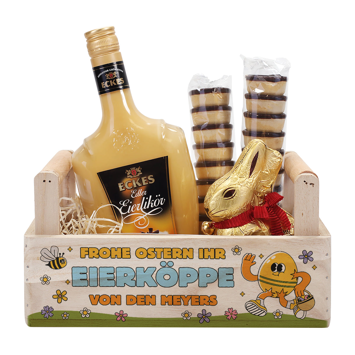 Oster Geschenkset im Pflanzkorb mit Eierlikör Flasche, Lindt Goldhase und Waffelbechern
