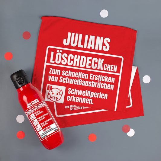 Personalisiertes Feuerwehr Geschenkset mit roter Trinkflasche „Julians Durstlöscher“ und rotem Handtuch „Julians Löschdeckchen“