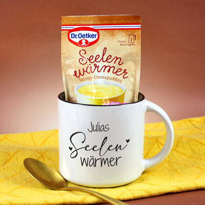 Personalisierte Seelenwärmer Tasse mit Name und Dr. Oetker Tassen-Cremepudding Vanille Geschmack