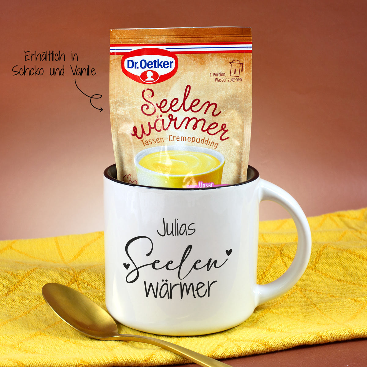 Seelenwärmer Geschenkset mit personalisierter Tasse und wählbarem Pudding in Schokolade oder Vanille Geschmack