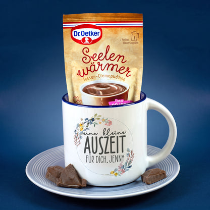 Geschenk Set Eine kleine Auszeit mit personalisierter Tasse und Schoko Tassenpudding