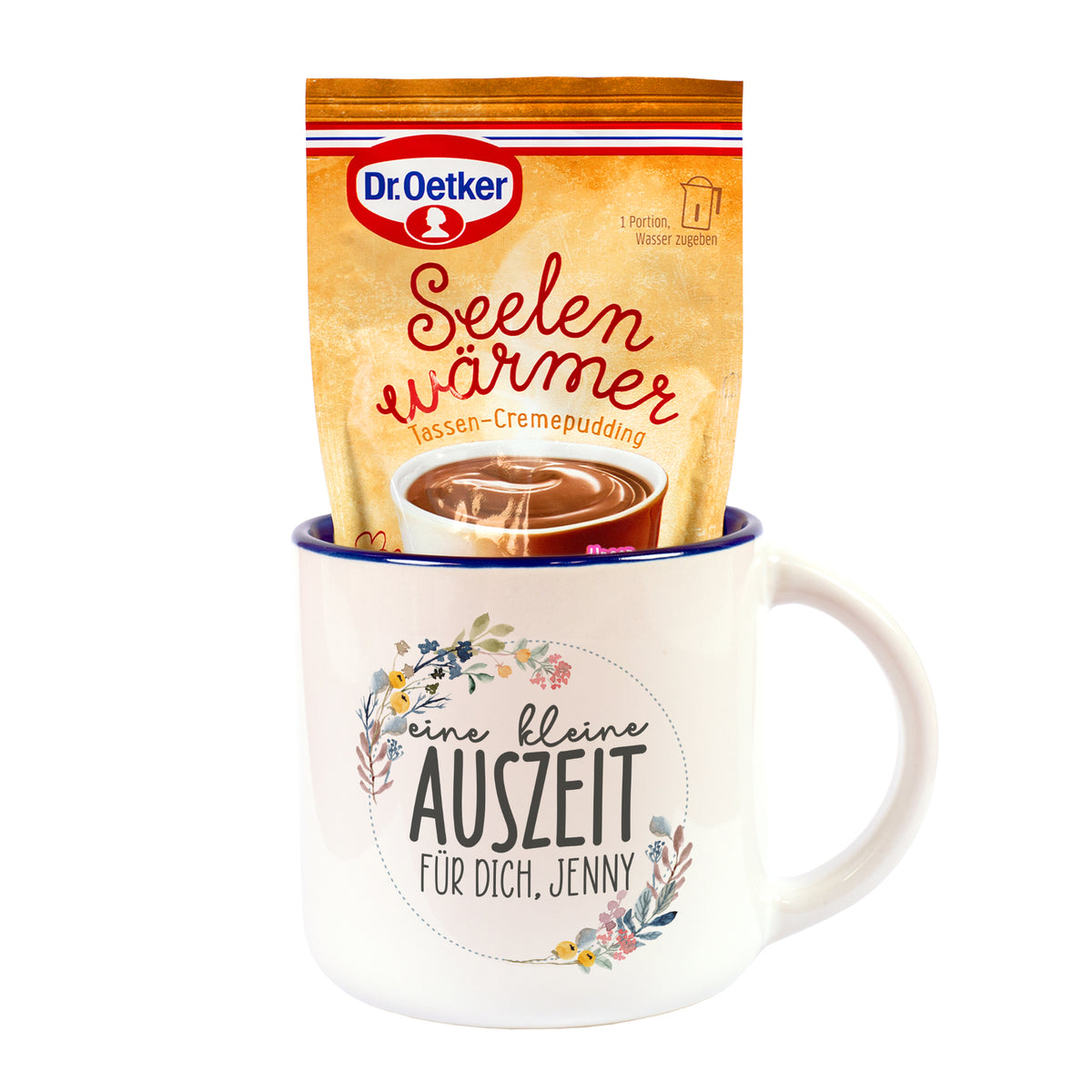 Tasse Eine kleine Auszeit personalisiert mit Wunschtext und Schokoladen Tassenpudding