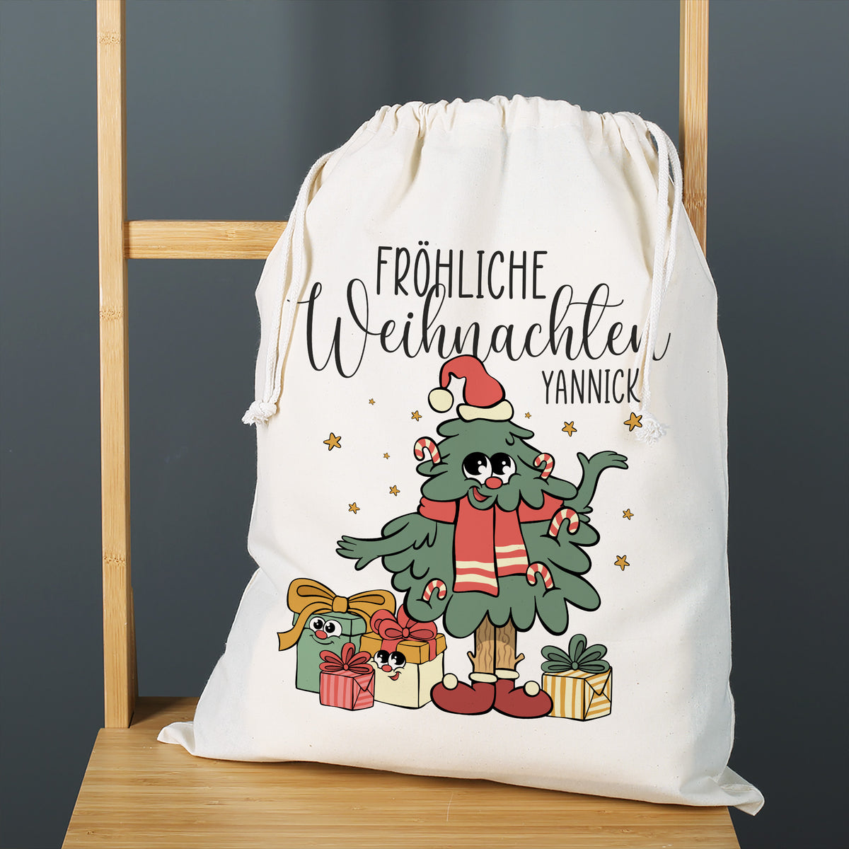 Personalisierter Weihnachts Geschenksack mit Name, Weihnachtsbaum und Fröhliche Weihnachten Motiv