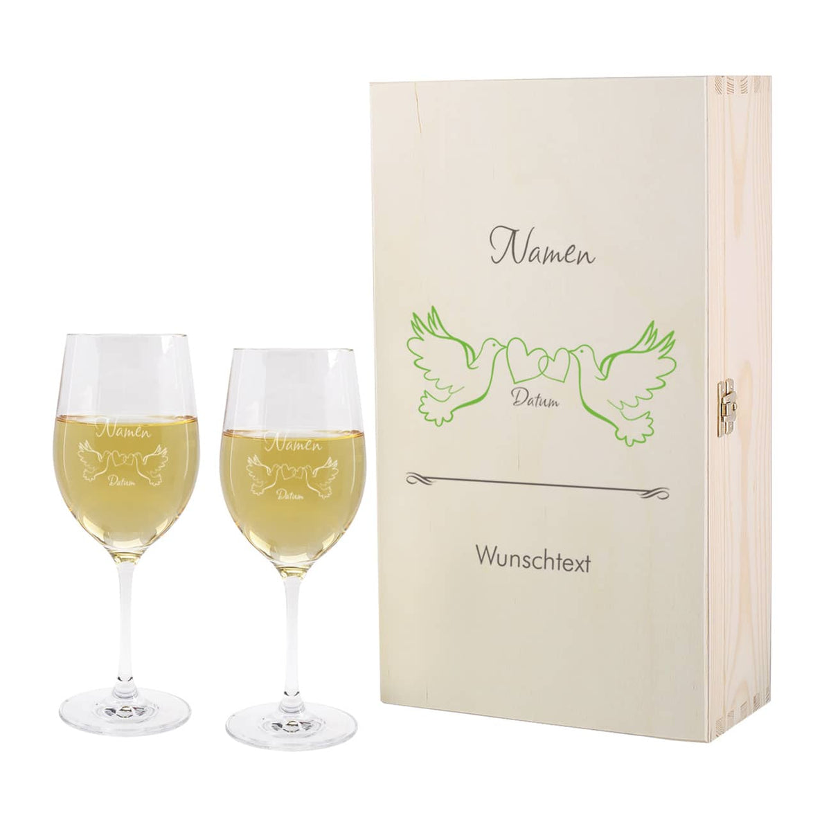 Bedruckte Holzbox zur Hochzeit mit Taubenmotiv und zwei gravierten Weingläsern
