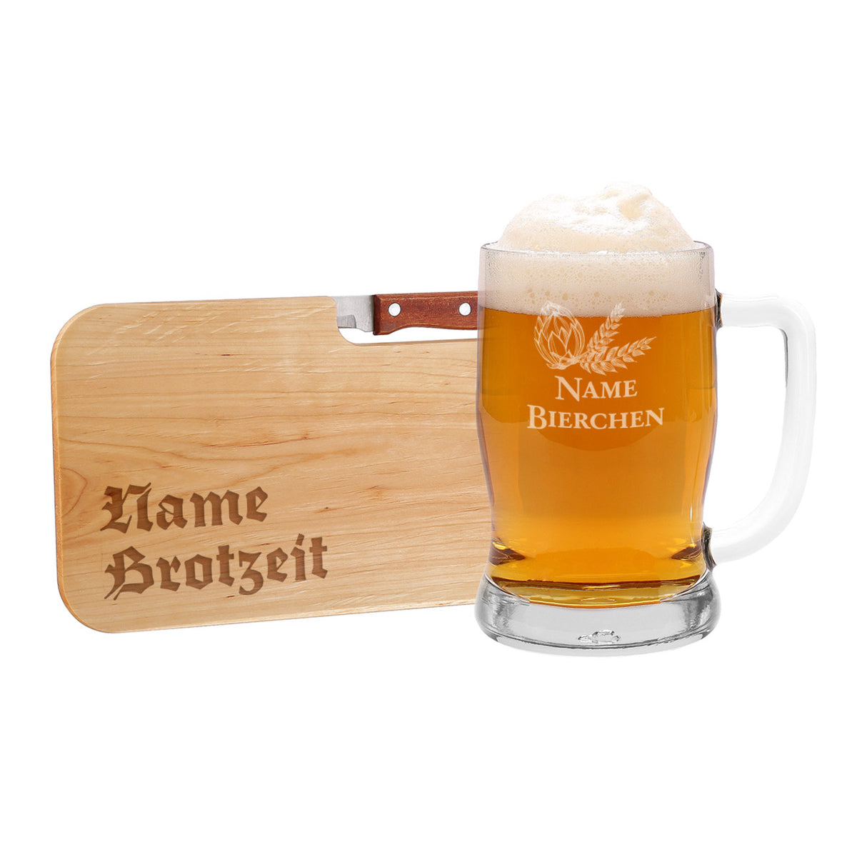 Gravur auf Leonardo Bierseidel und Wurstbrett mit Messer für die Brotzeit