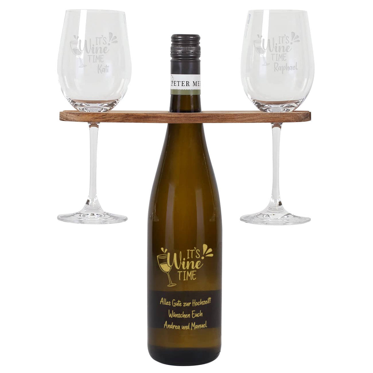 Weinbutler, Weißweingläser im 2er Set und Weinflasche mit goldener Gravur