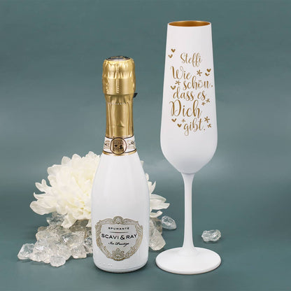 Sektglas in Weiß-Gold mit Gravur und kleiner Scavi & Ray Sektflasche
