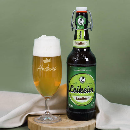 Bier-Geschenkset zum Vatertag mit graviertem Pilsglas und Leikeim Landbier