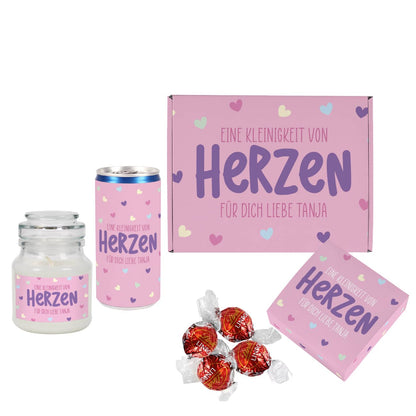 Verpackung, Secco, Lindorkugeln und Duftkerze als eine Kleinigkeit von Herzen