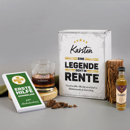 Legende in Rente Whisky-Geschenkset mit Glenfiddich, graviertem Glas und Schokolade