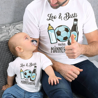T-Shirts im Partnerlook für Vater und Sohn zum Männerabend mit Fussball Babyflasche und Bierflasche