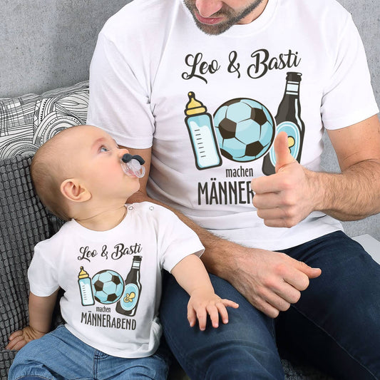 T-Shirts im Partnerlook für Vater und Sohn zum Männerabend mit Fussball Babyflasche und Bierflasche