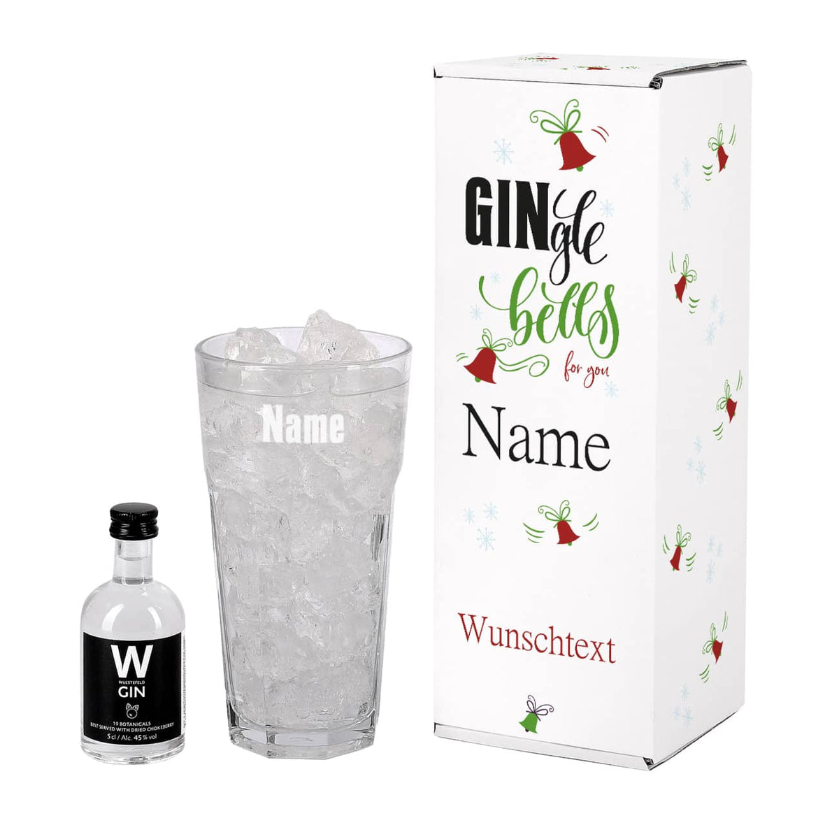 Gin mit Glas im originellen Geschenkset mit Vorderansicht der Verpackung