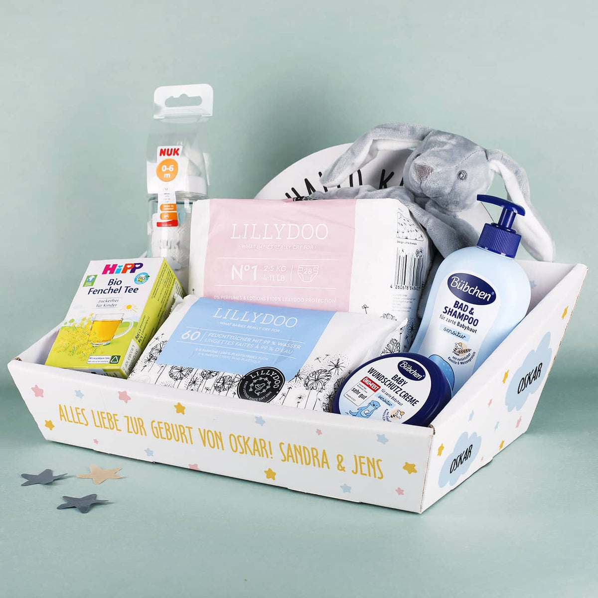 Gefülter Geschenkkorb zur Geburt mit Personalisierung