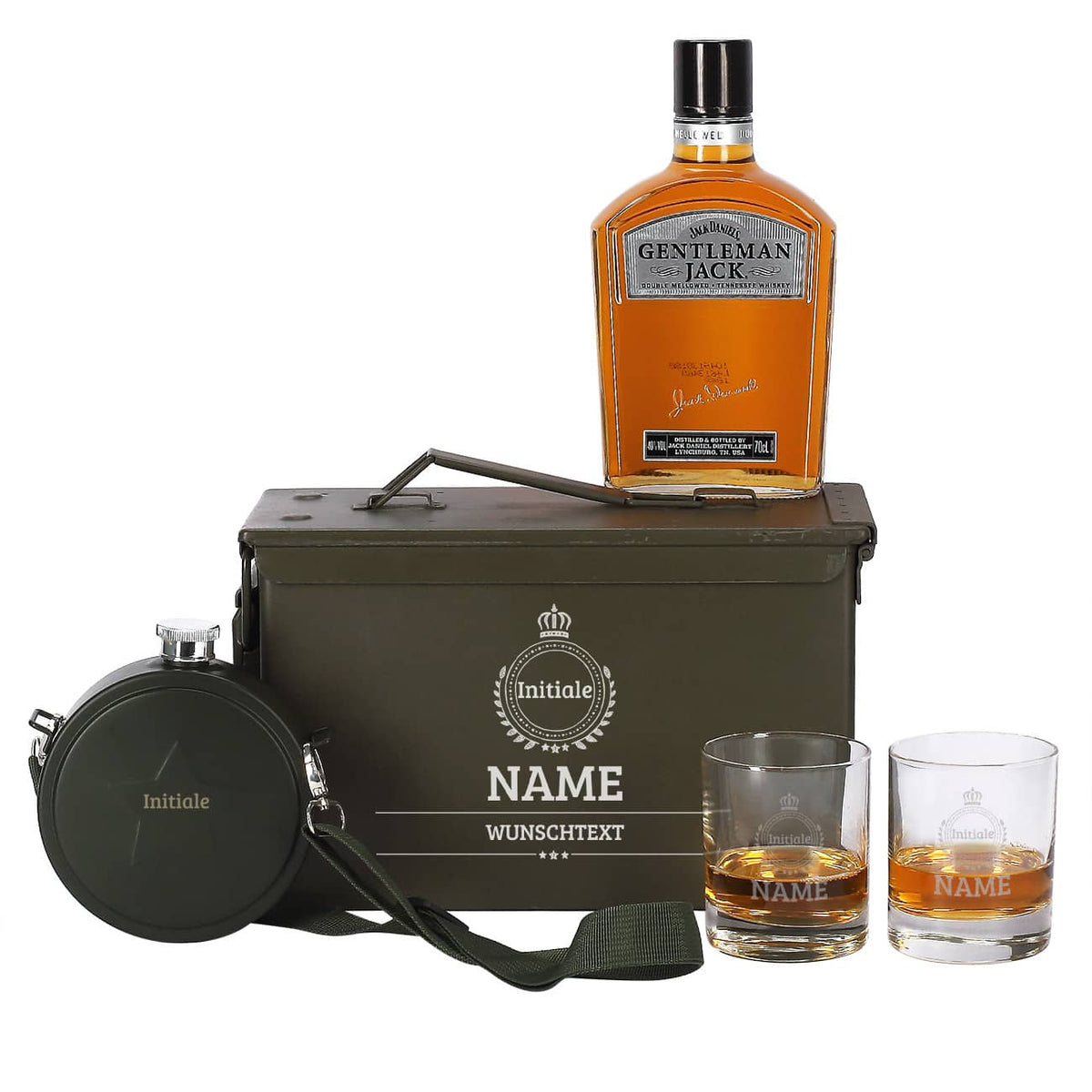 Whiskyset in Munitionskiste mit Name, Monogramm und Wunschtext