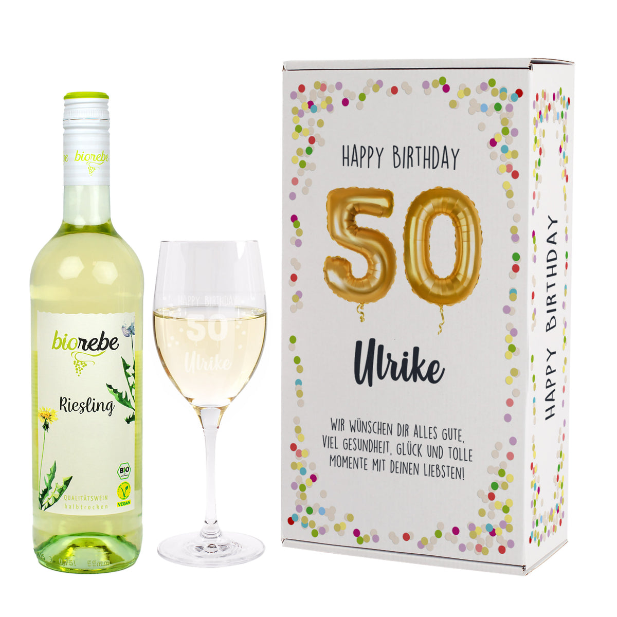Happy Birthday 50 - Geschenkset mit Biorebe Wein und Weinglas in Geschenkbox