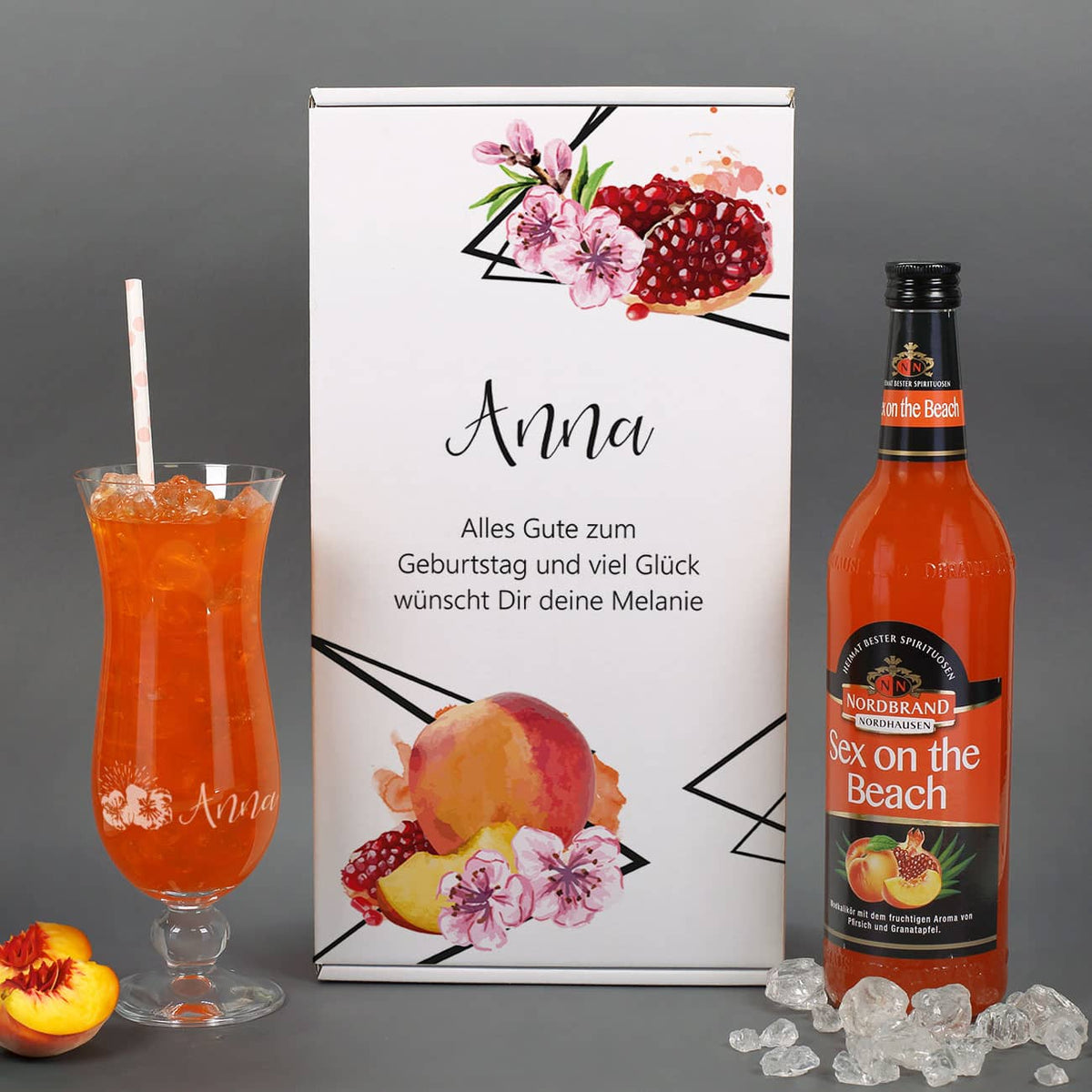 "Sex on the Beach" Cocktail-Set in toller Verpackung und mit graviertem Glas