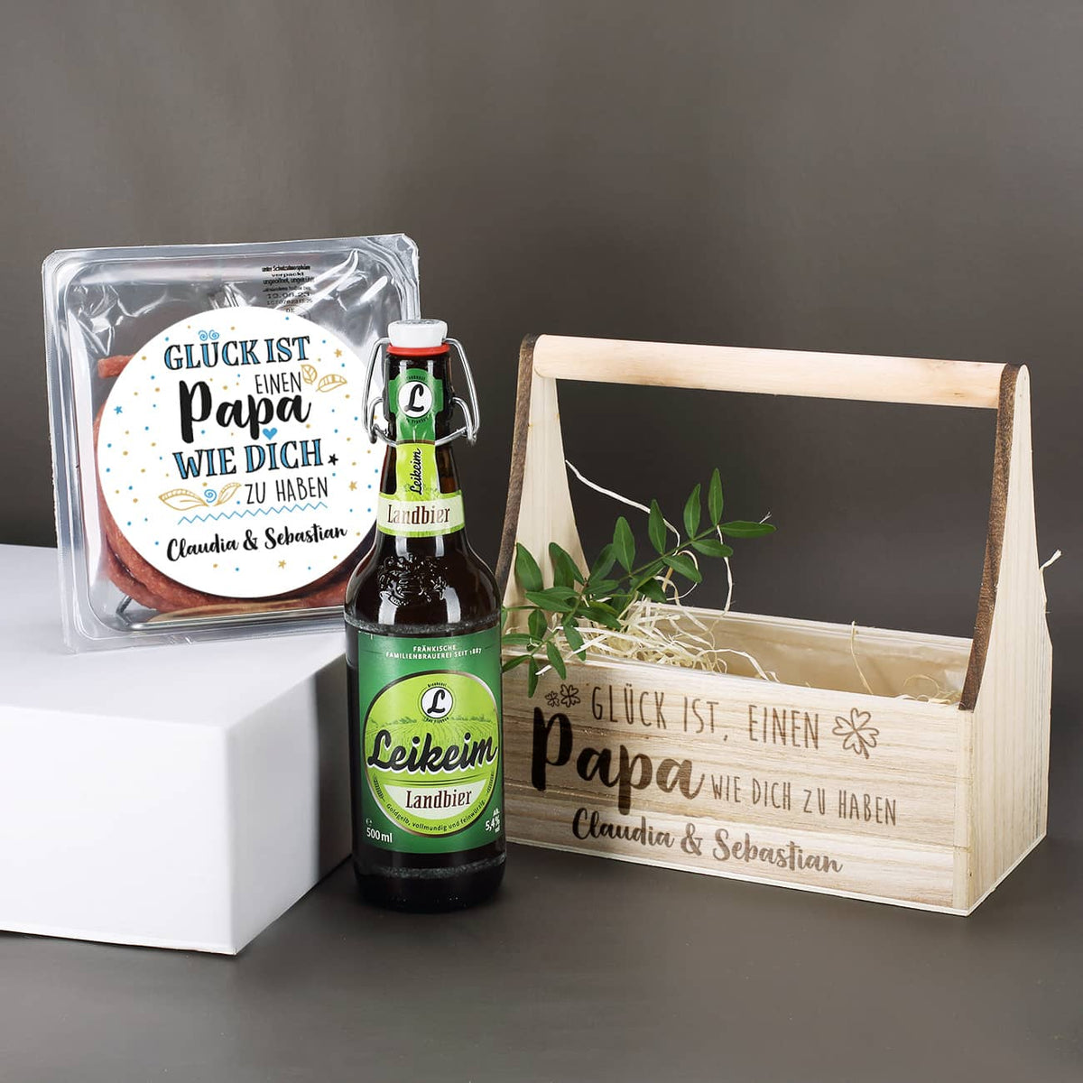 Geschenkset zum Vatertag - Wurst & Bier in einem personalisierten Pflanzkorb