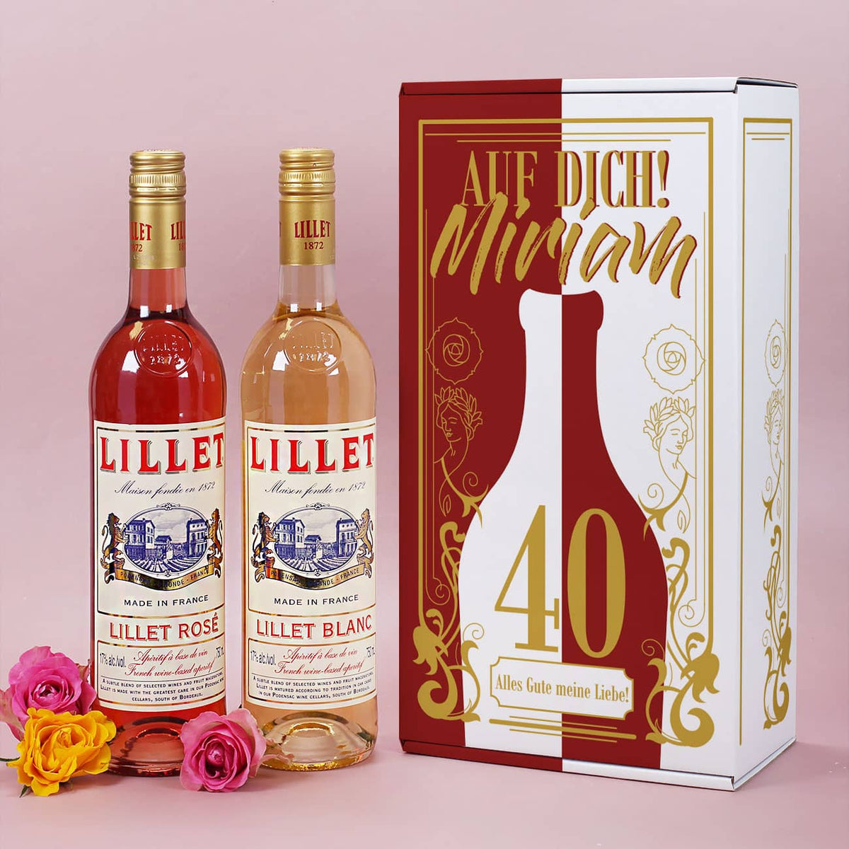 Geschenkset zum Geburtstag mit zwei Flaschen Lillet in einer persönlichen Geschenkverpackung